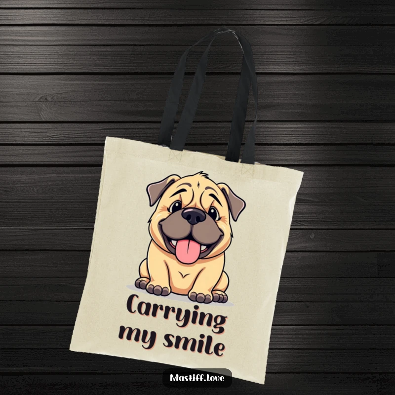 Funny mastiff tote bag featuring a large, cuddly dog with a goofy smile, panting happily, perfect for carrying daily items.