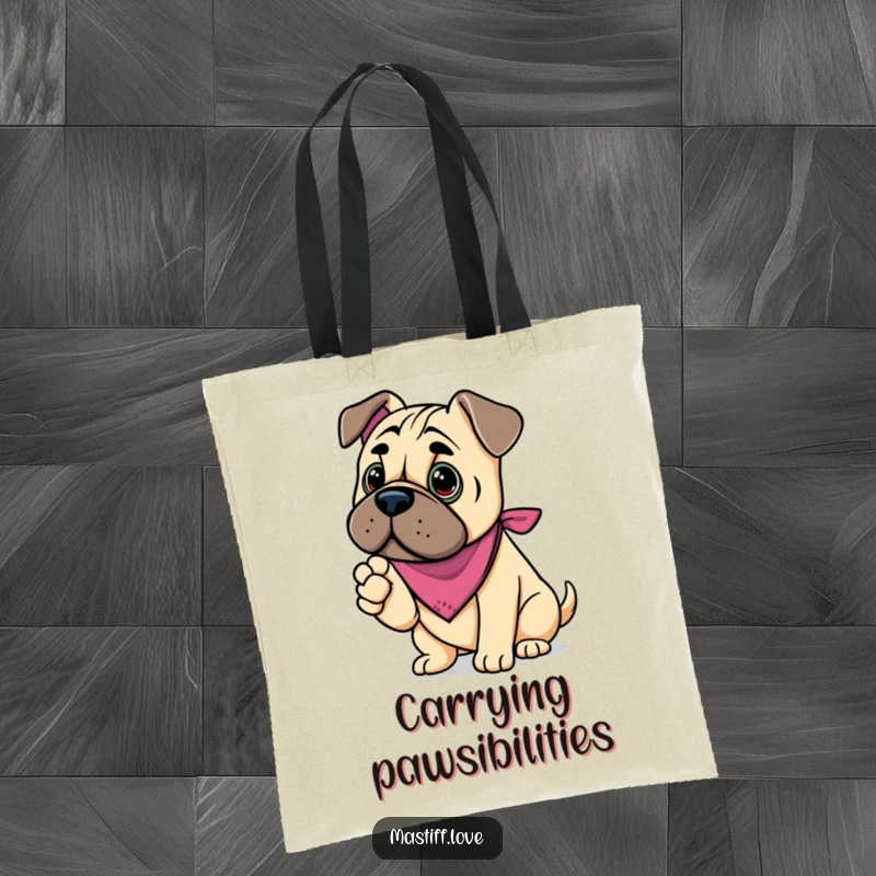 Funny kawaii mastiff tote bag, a dog in a bandana offering its paw, symbolizing friendship and trust.