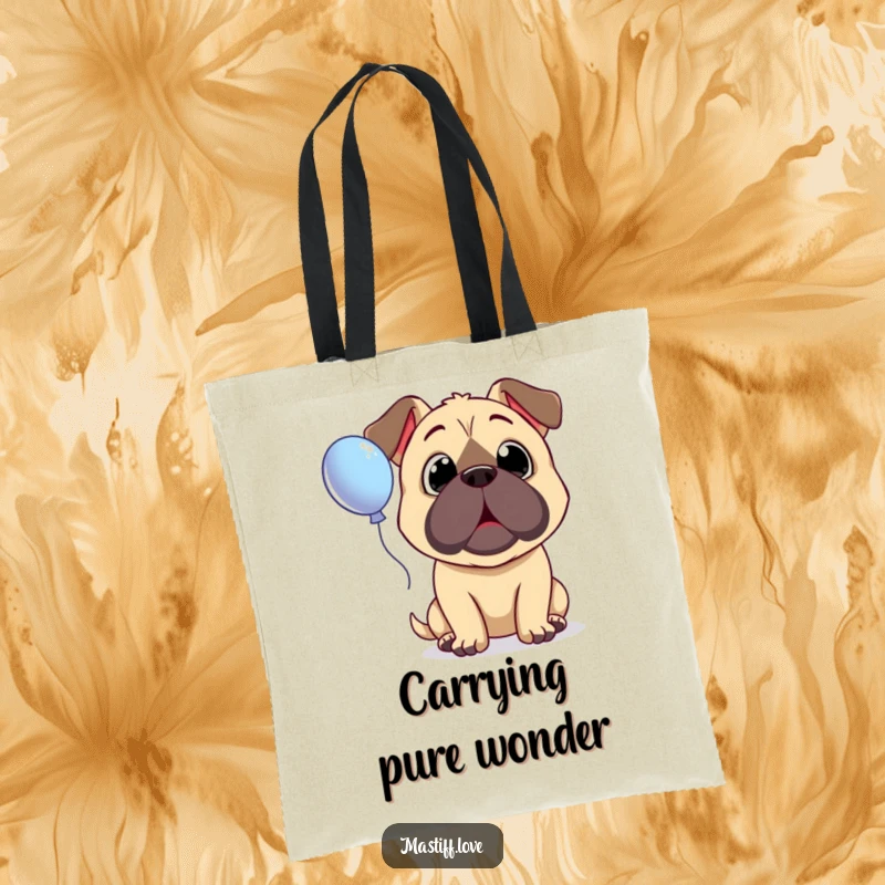 Funny Surprised Mastiff Tote Bag depicting a dog with wide, innocent eyes looking up in wonder at a floating balloon.
