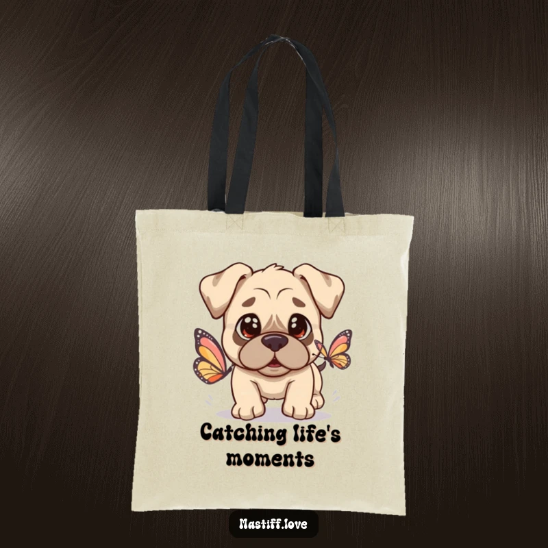 Kawaii Mastiff Tote Bag with a cute dog and innocent eyes chasing a butterfly, ideal for everyday use.