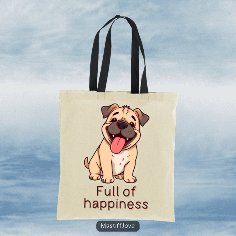Funny happy mastiff, tongue lolling out, panting with cartoon joy, a versatile and funny tote bag.