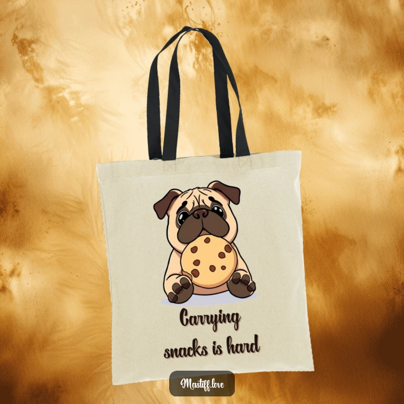Funny kawaii mastiff tote bag, a cute dog with intense focus trying to balance a huge cookie on its snout.