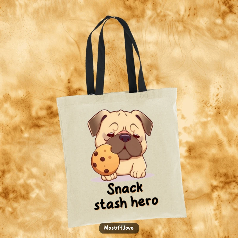 Funny kawaii mastiff tote bag, a dog attempting to balance a large cookie on its nose, perfect for carrying treats.