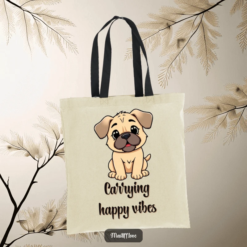 Funny kawaii mastiff tote bag, a cute dog with floppy ears joyfully wagging its tail, perfect for carrying essentials.
