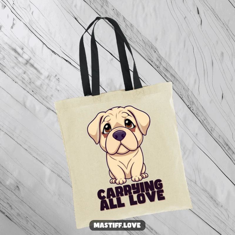 Funny mastiff tote bag featuring a gentle dog with droopy eyes looking up with adoration, perfect for carrying items with love.