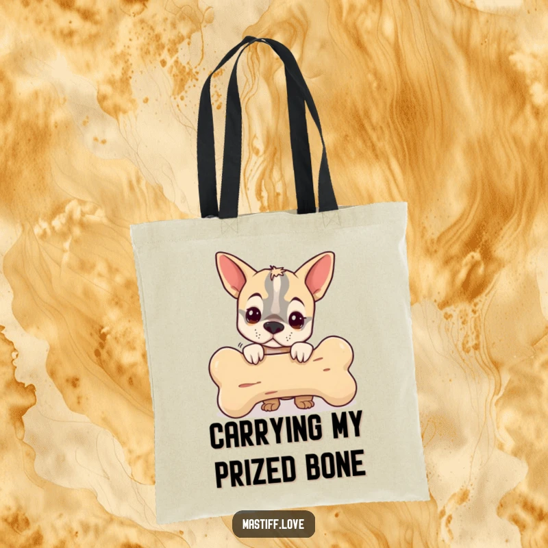 Funny tote bag showcasing a small mastiff peeking from behind an oversized bone, perfect for carrying items with doggy humor.