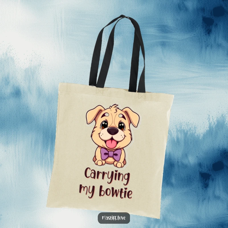 Funny mastiff tote bag showing a cute dog wearing a bowtie and panting happily, great for stylish errands.