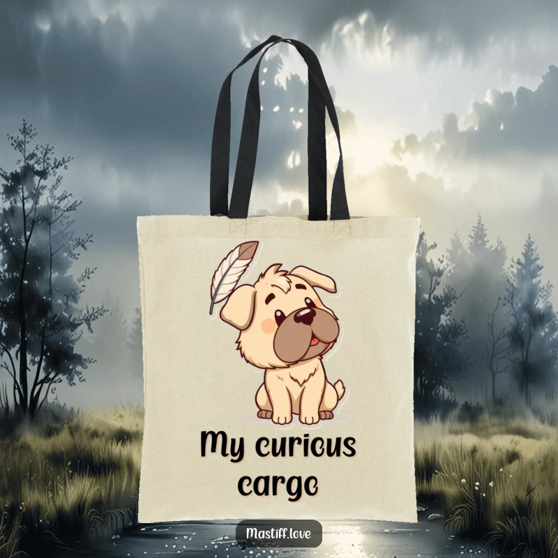 Funny Tote Bag: A curious mastiff tilts its head at a floating feather, showcasing gentle inquiry. A stylish and amusing accessory.