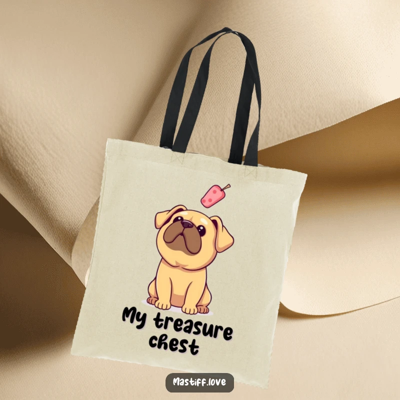 Funny Mastiff Tote Bag: A dog with floppy ears stares up at a floating treat, a humorous depiction of desire.