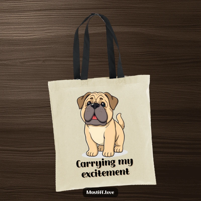 Funny giant mastiff puppy with droopy ears and a wagging tail, featured on a durable tote bag for everyday use.