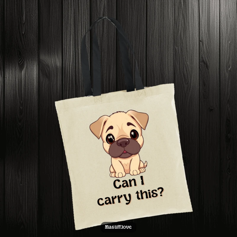 Funny Mastiff puppy tote bag with a cute dog tilting its head with curious, pleading eyes, great for everyday use.