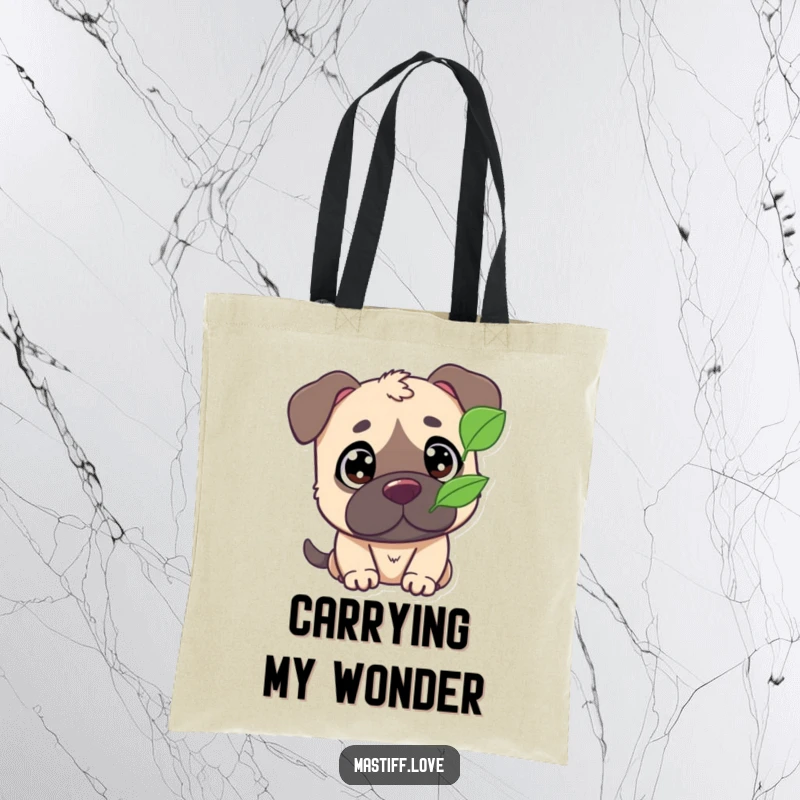 Funny tote bag with a cute mastiff character, its wide eyes fixed on a single, fluttering leaf.