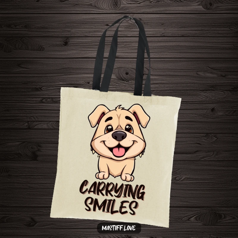 Funny tote bag featuring a smiling mastiff whose ears are perked up high with evident excitement and joy.