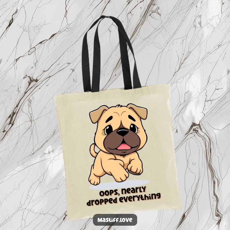 Funny Mastiff Tripping Tote Bag: A cute mastiff with massive paws tripping during a run, a humorous tote for dog lovers.
