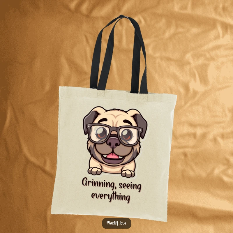 Funny Kawaii Mastiff Tote Bag: A tote bag featuring a mastiff with a goofy grin and oversized, comical glasses.