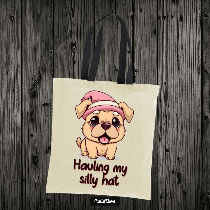 Funny Tote Bag with a kawaii mastiff dog wearing a silly hat and looking comically surprised, perfect for everyday use.