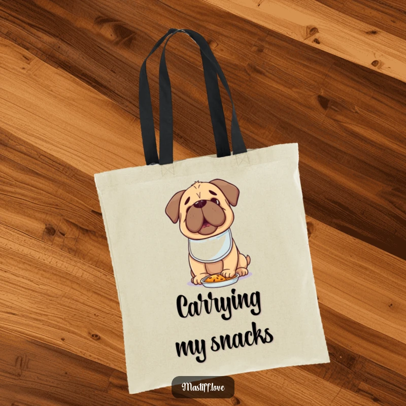 Hungry Kawaii Mastiff Tote Bag with a cute dog in a tiny bib, eagerly anticipating food, perfect for shoppers.