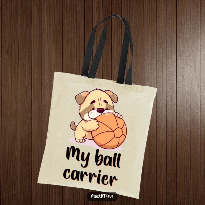 Funny mastiff tote bag showing a cute character playfully nudging a large ball, great for carrying essentials.