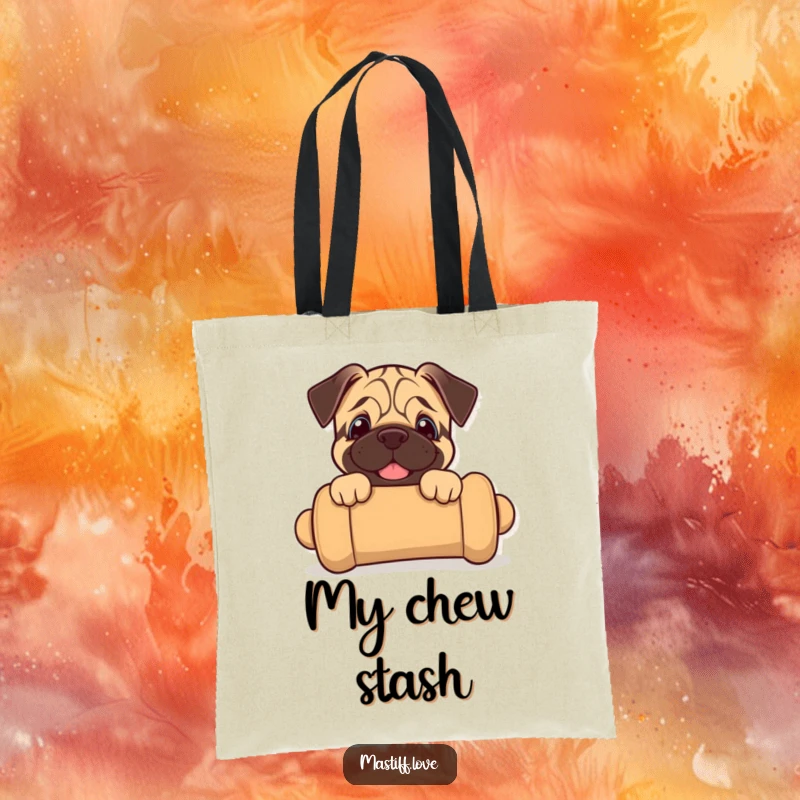 Funny mastiff puppy tote bag showing a joyful puppy peeking from an oversized chew toy, great for daily use.