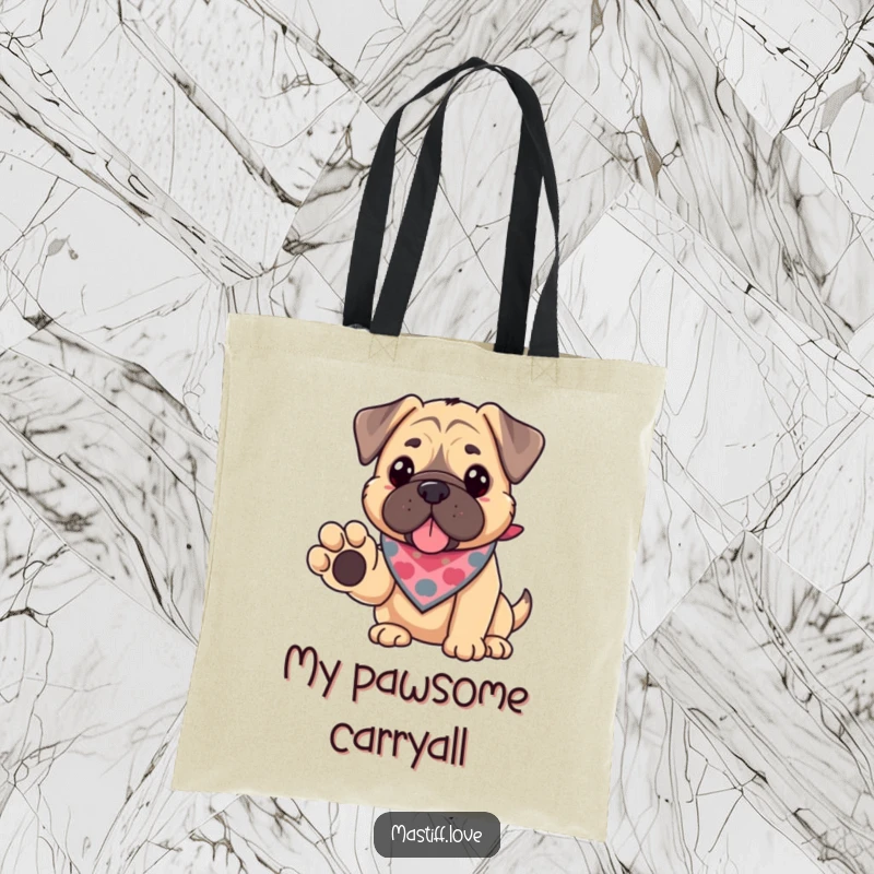 Funny kawaii mastiff tote bag, a cute dog in a bandana offering its paw, perfect for carrying essentials with style.