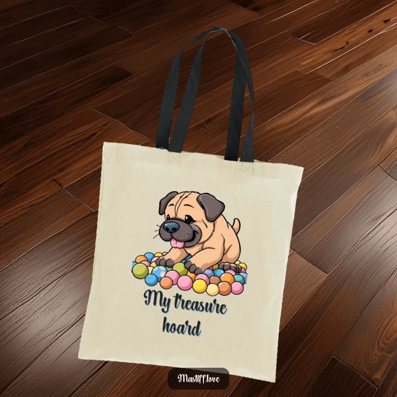 Funny Energetic Mastiff Tote Bag depicting an enthusiastic dog digging happily in a heap of colorful balls with a playful look.